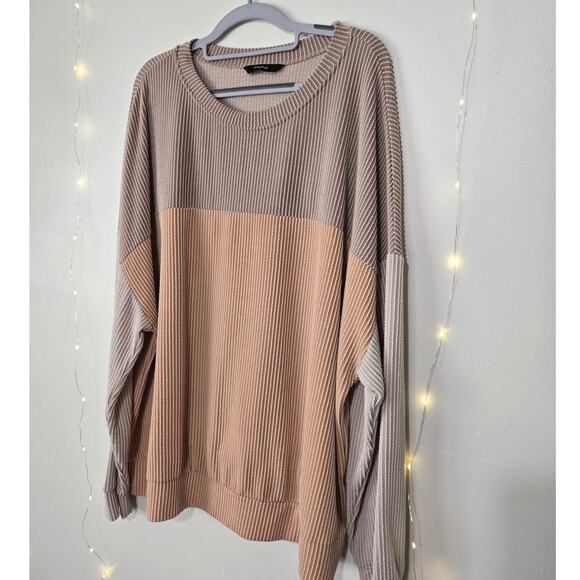 DOKOTOO Soft Ribbed Color Block Oversized Long Sleeve Pullover Top 2XL Brown Tan - Picture 5 of 13